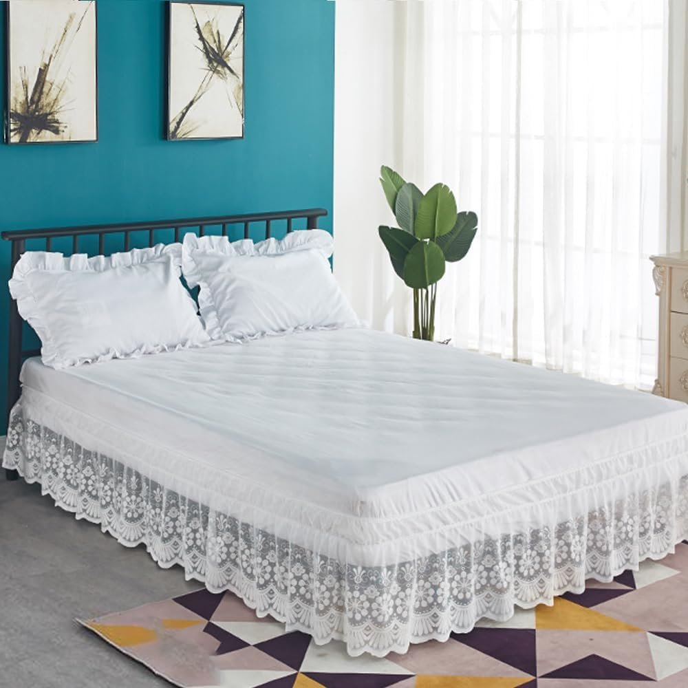 White Queen Lace Wrap Bed Skirt, 15-Inch Drop