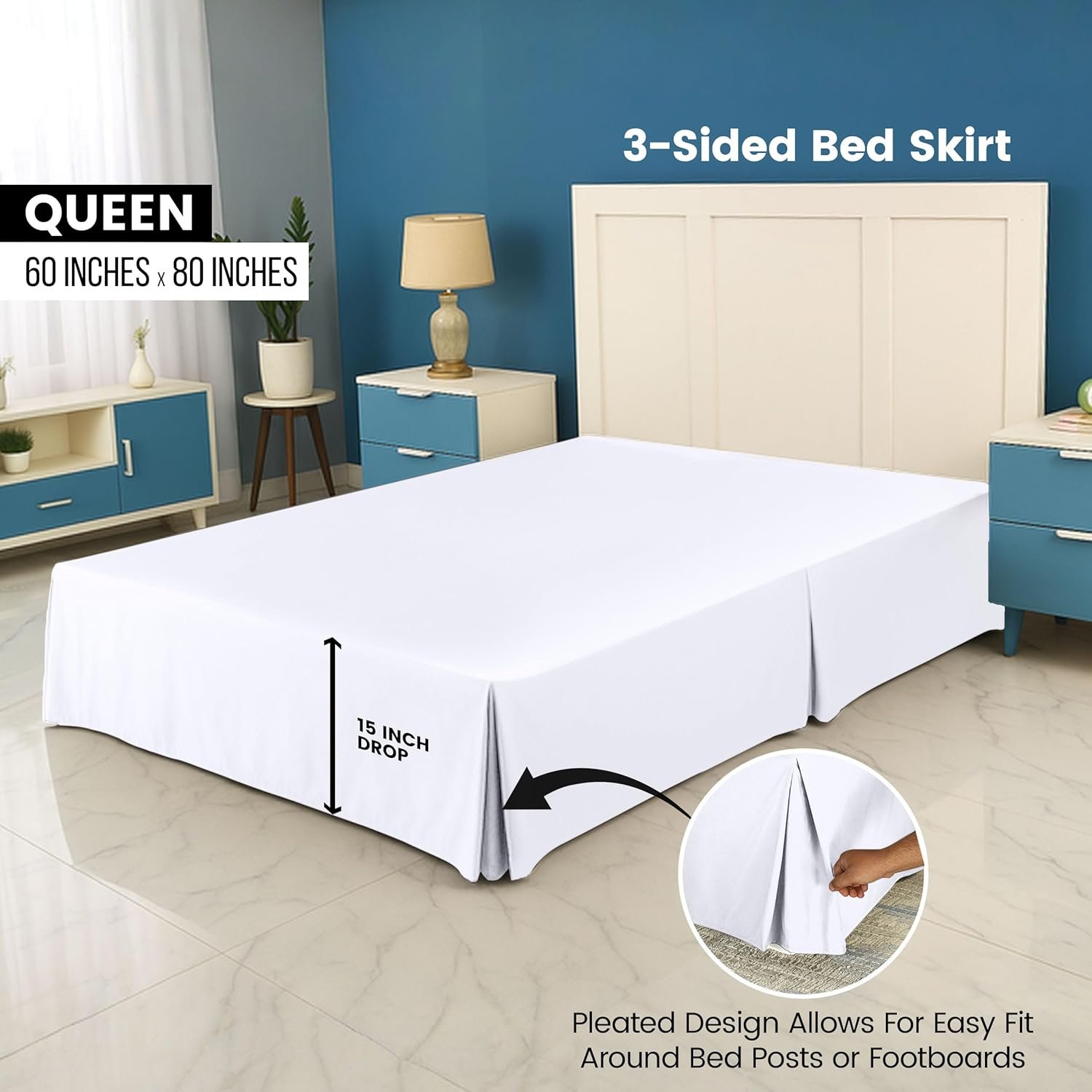 White Pleated Queen Bed Skirt, 16-Inch Drop - Image 2